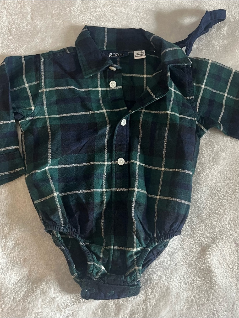 The Children's Place Green & Navy Plaid Button Up Bow Tie Shirt Onesie 6~9M‎